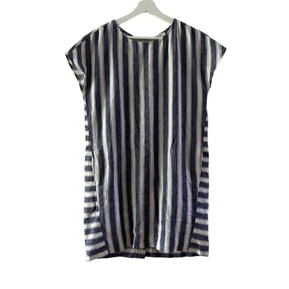 Madewell Linen Cotton Button Back Easy Dress Blue White Stripe Play Size Small - Picture 1 of 6